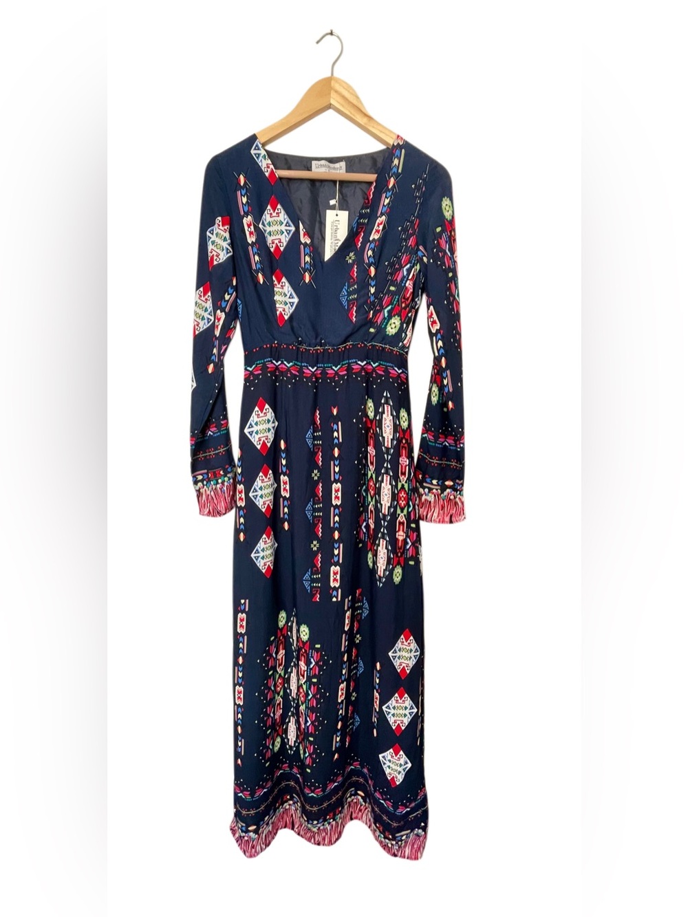 Urban Modesty Boho Navy Maxi Dress with Multicolor Geometric Print Size S